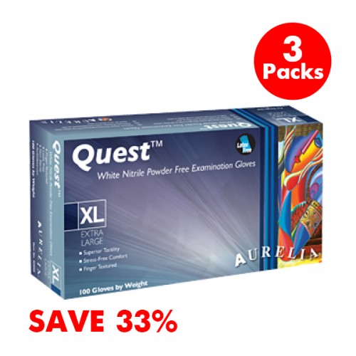Aurelia® Quest ™White Nitrile Powder Free Examination Gloves - Buy 2, Get 1 FREE! (3-Pack x 100 pcs each) - Sale25